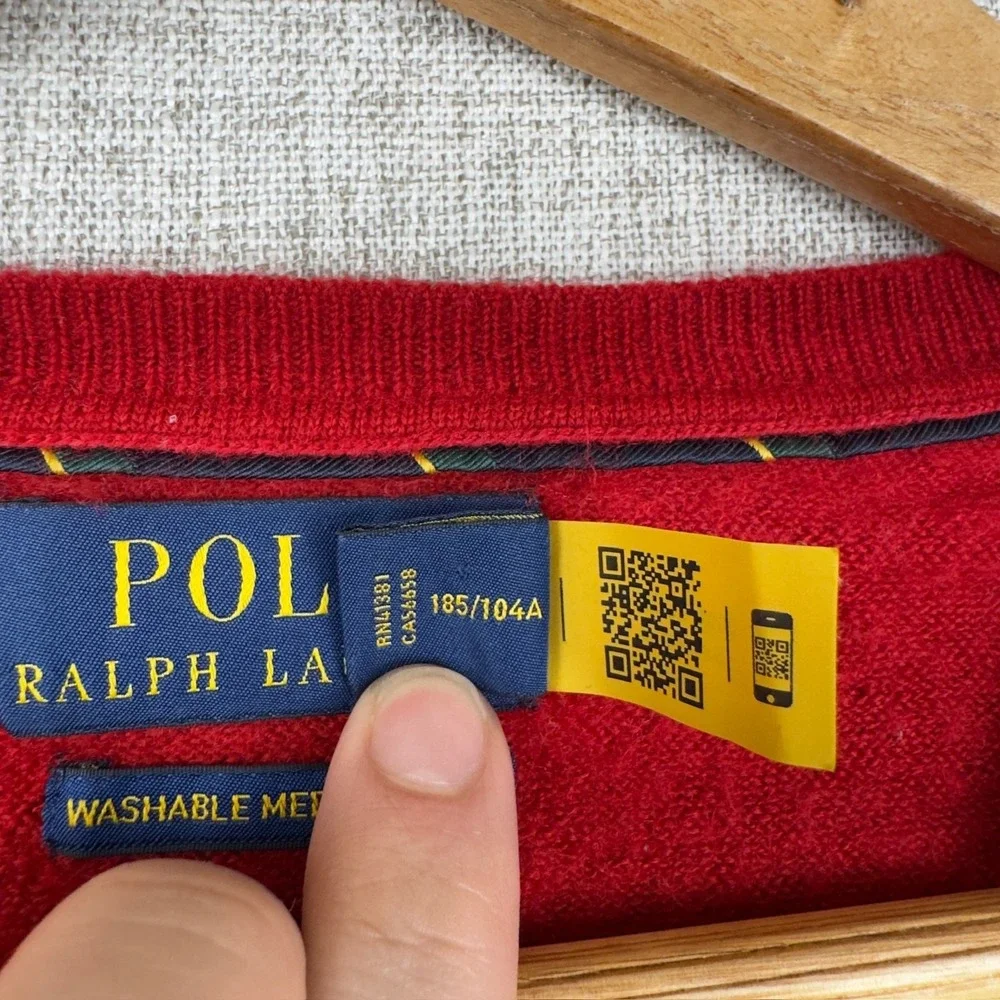 Polo Ralph Lauren V-Neck Sweater Men's XL‎ Washable Merino Wool Red Pony